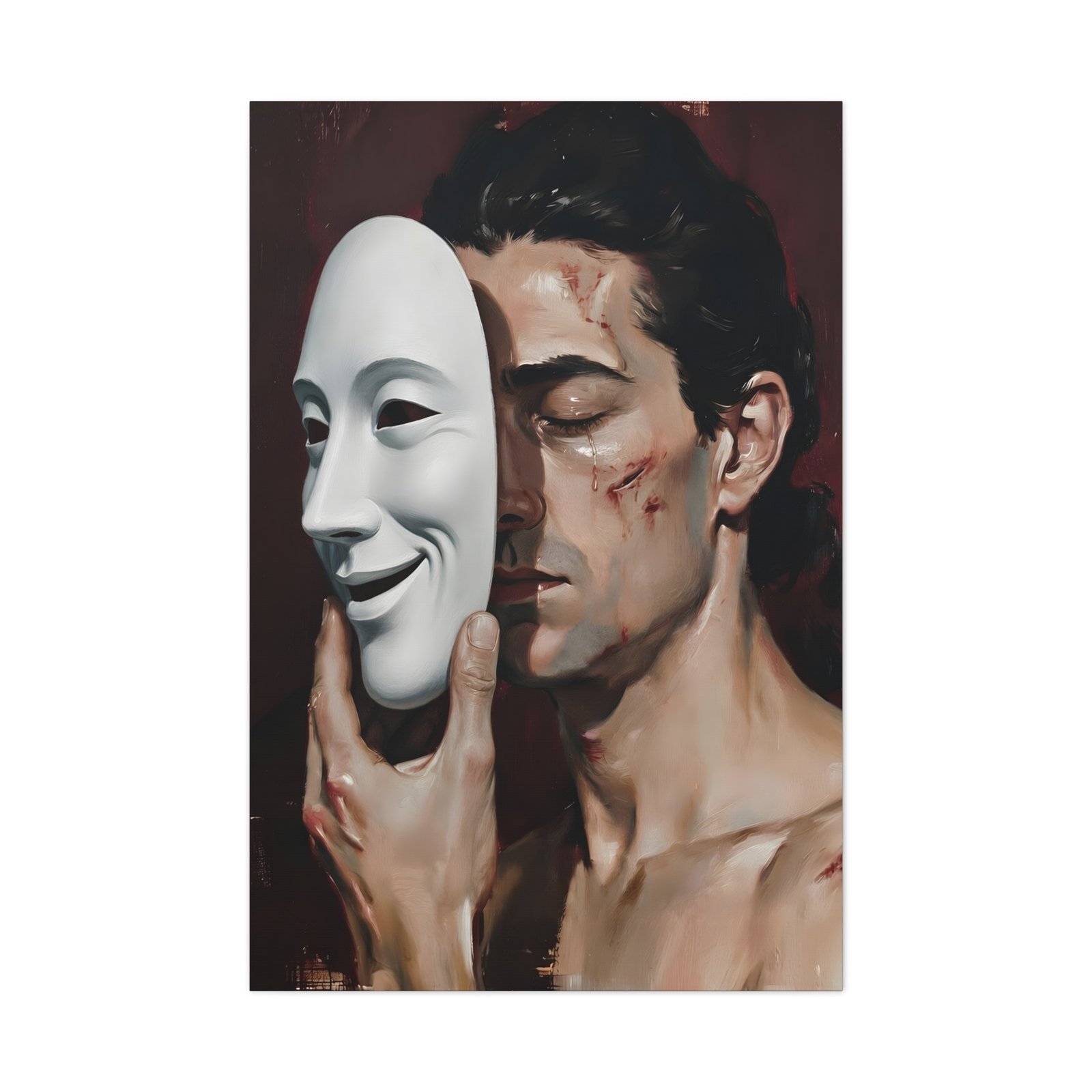 11833293771811344924_2048.jpeg Matte Stretched Canvas - Man Holding Mask Portrait Wall Art - Image 1